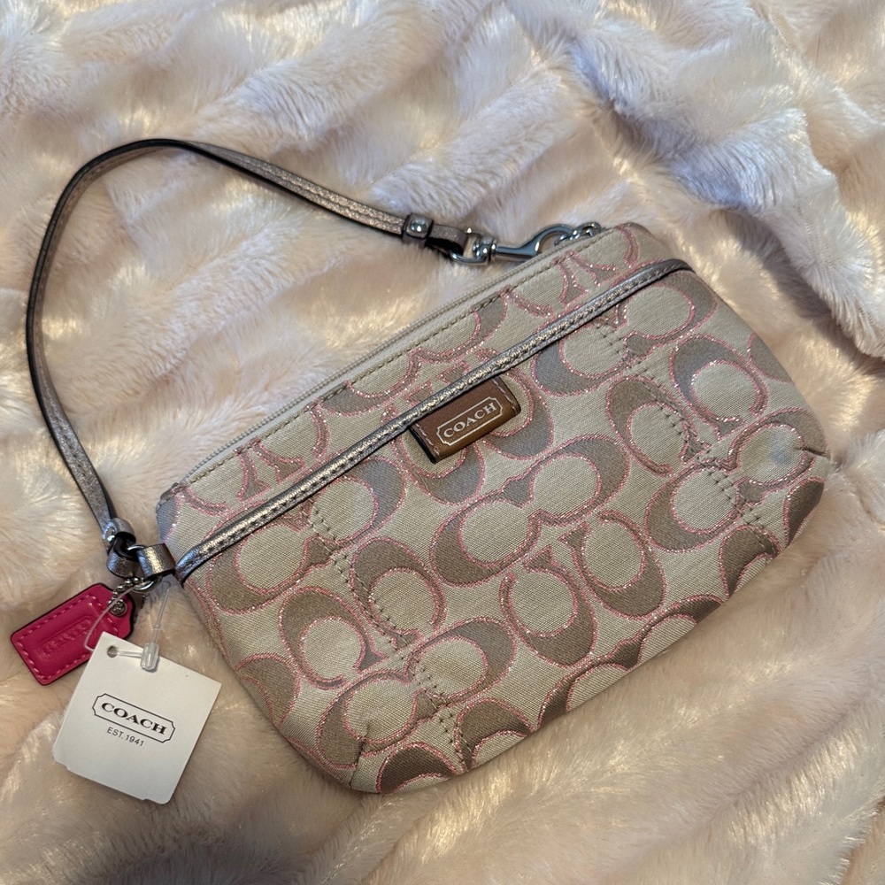 Coach Signature Wristlet Pink and Silver
